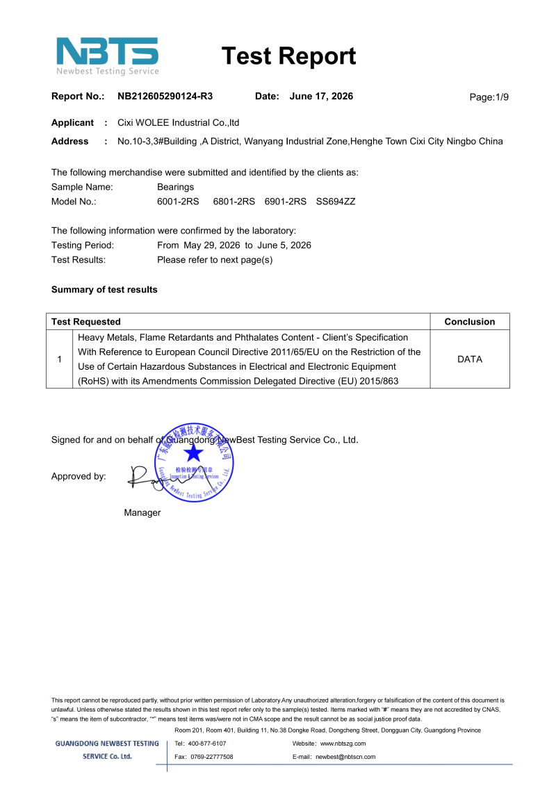 2026 Test Report of Wolee bearing 6001-2RS,6801-2RS,6901-2RS and SS694ZZ